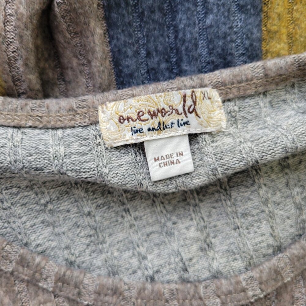 One World Live Let Live XL Blue Gold Striped Knit Pullover Sweater Knot SWE46E - Picture 7 of 9